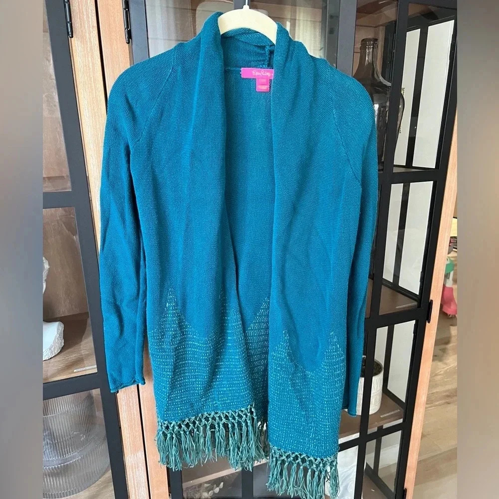 Lilly Pulitzer Tatum cardigan teal green blue knit crochet fringe boho tassels